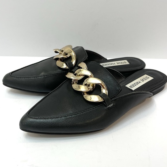 Steve Madden Shoes - Steve Madden Slip On Black Flat Mule With Gold Chain Leather Size 6